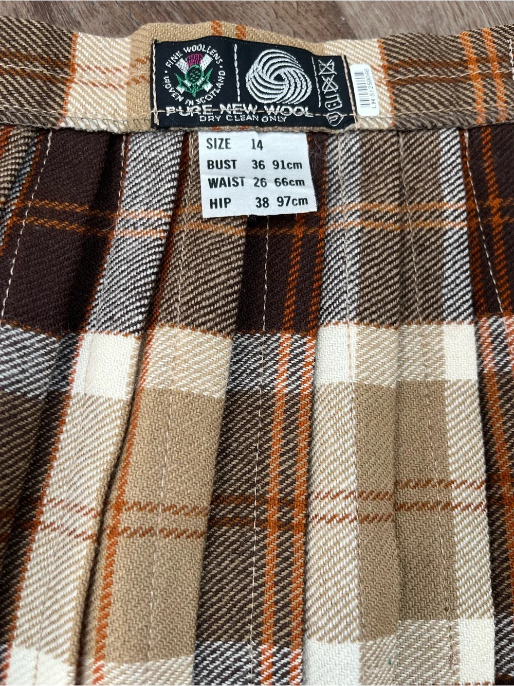 Vintage Scottish Pure Wool Plaid Pleated Midi Skirt Brown Tartan Side Buckle S